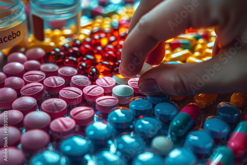 Close-up of fingers selecting colorful pills, taking placebo capsule, healthcare and pharmacology