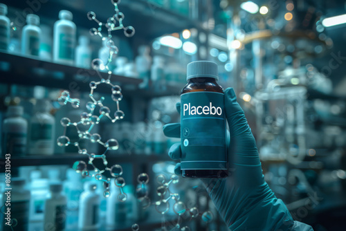 Gloved hand presents a placebo bottle amidst a 3D chemical structure, with a soft-focus on laboratory vessels and tools in the background