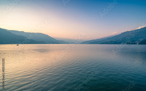 sunset over the Phewa lake in Pokhara  Nepal 