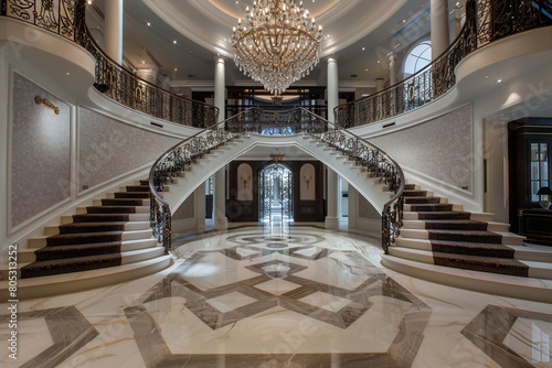 The grand foyer of an opulent luxury house  with a sweeping double staircase  marble floors  and a stunning crystal chandelier hanging from a high ceiling.