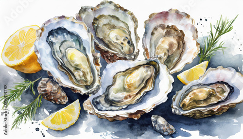Watercolor hand drawn illustration detailed oysters seafood and lemon. Opened oyster shell on white
