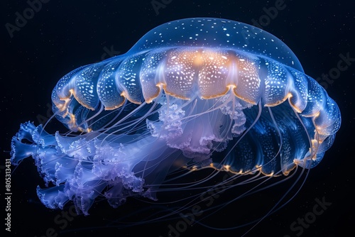 This image features a detailed single blue jellyfish illuminated, highlighting its intricate patterns and tentacle structure