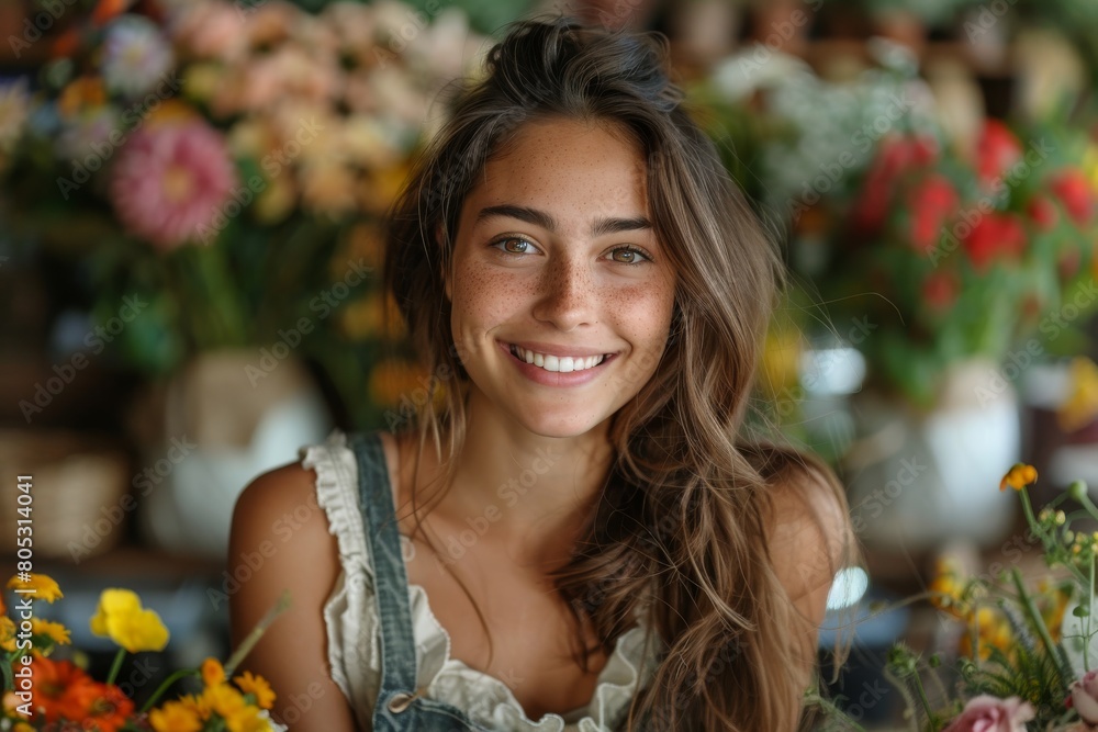 A radiant young woman surrounded by fresh flowers in a market setting, with a subtle smile and natural charm A radiant young woman surrounded by fresh flowers in a market setting, with a subtle smile and natural charm
