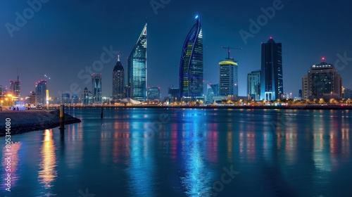 MANAMA  BAHRAIN - Nighttime panorama of the World Trade Center  Bahrain Financial Harbour  and famous buildings in Manama --ar 16 9 Job ID  eec68145-867b-47c9-a766-cc1dbadf9a18