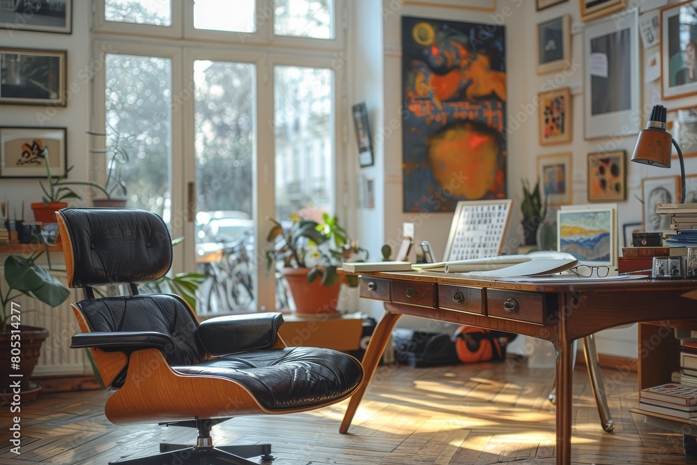 Fototapeta premium A warm and inviting home office featuring a vintage desk and chair with trendy interior decorations