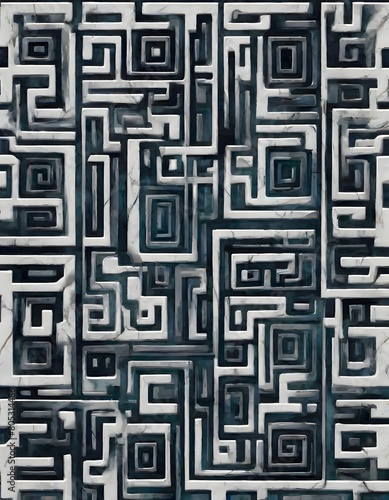 Abstract maze like pattern with various shades of green, black, and white, creating a cool and mysterious atmosphere, three dimensional quality with shadows and highlights, Generative AI. (ID: 805314486)