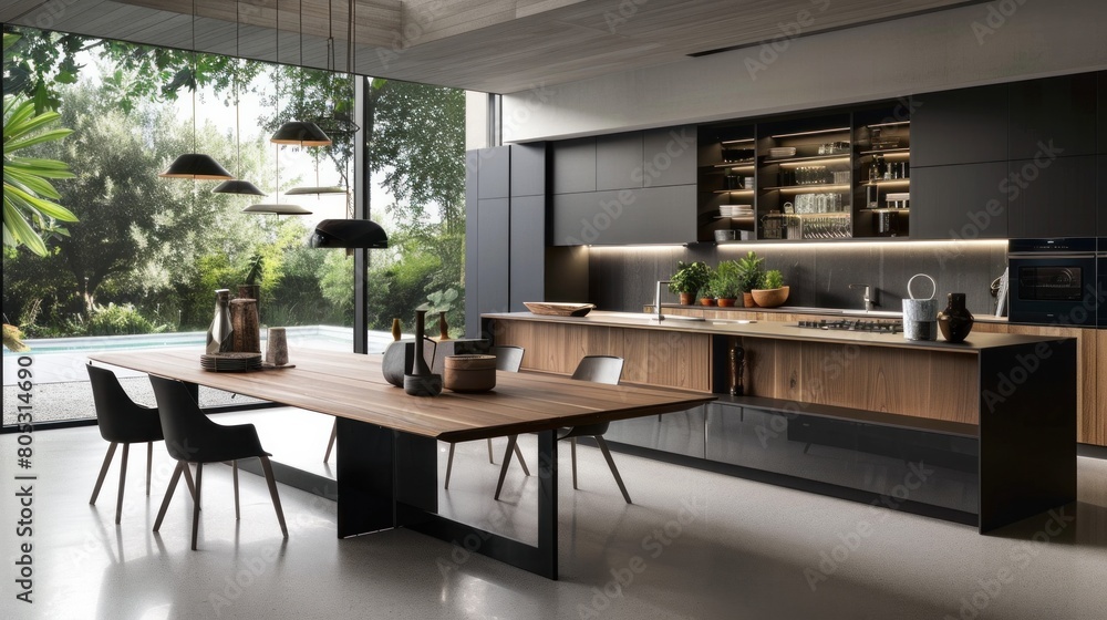 Modern kitchen design featuring a chic wooden table