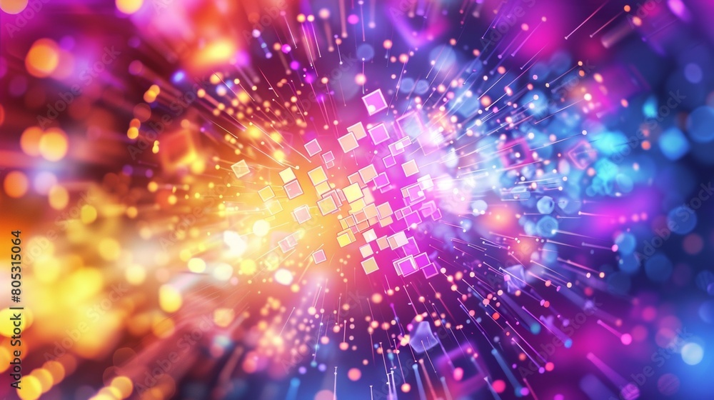 A vibrant background with glowing squares and light rays, creating an atmosphere of joyous celebration. The color scheme includes shades of purple, pink, orange, yellow, and blue. A vibrant background with glowing squares and light rays, creating an atmosphere of joyous celebration. The color scheme includes shades of purple, pink, orange, yellow, and blue.
