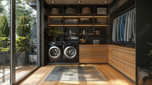 Laundry room in the style of modern industrial mixed with minimalism. Black and light wood. The washer and dryer next to each other, embedded in closet. Generative AI. photo
