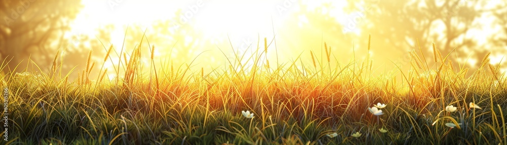 A field of grass with a sun shining on it