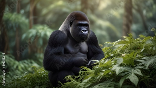 A silverback mountain gorilla sitting in Rwanda's Volcanoes National Park has a leafy green forest natural habitat.