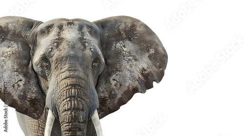 Close Up of African Elephant with Tusks isolated on white