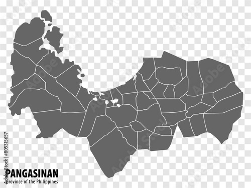 Blank map Pangasinan of Philippines. High quality map Province of Pangasinan with districts on transparent background for your web site design, logo, app, UI.  Republic of the Philippines.  EPS10.