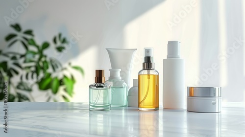 Cosmetic, Perfume, and Lotion Bottles Arranged on a White Table, copy space for text