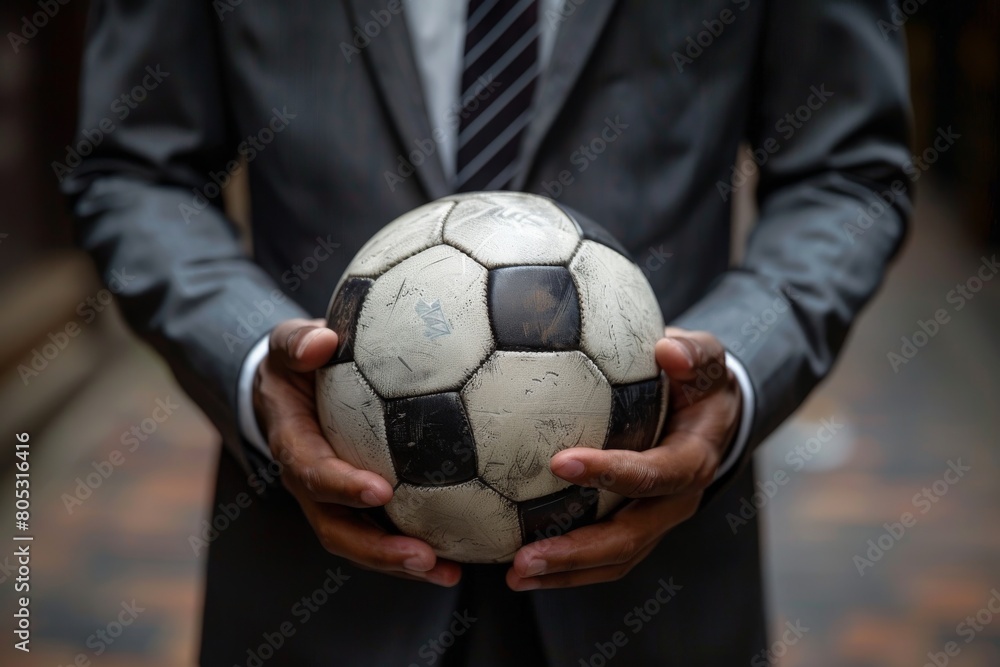 Professional businessman in a suit gripping an aged soccer ball, symbolizing leadership and strategic teamwork in sports Professional businessman in a suit gripping an aged soccer ball, symbolizing leadership and strategic teamwork in sports