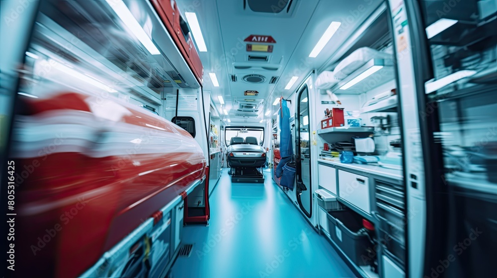 Fototapeta premium supplies blurred ambulance interior