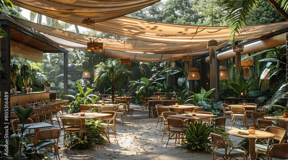 Fototapeta premium A tropical modern garden cafe with lush greenery surrounding, various styles of tables and chairs scattered throughout the garden area. Generative AI.