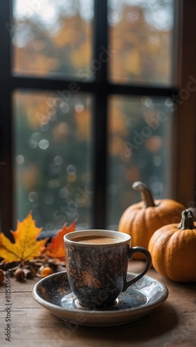 Hygge Comfort, Savoring Hot Coffee or Tea by the Window in Autumn Weather, Embracing the Cozy Lifestyle.