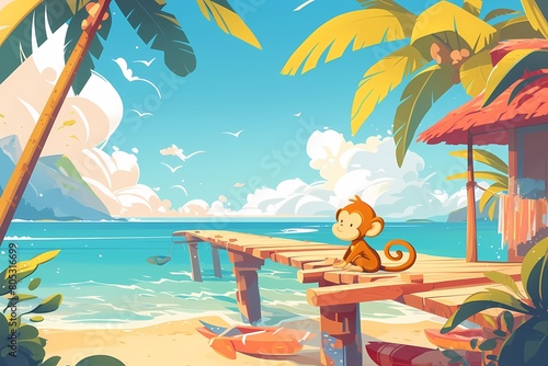 cartoon monkey sitting on the beach pier © Yoshimura