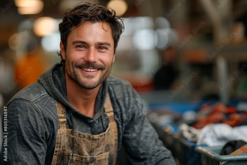 Beaming male worker in a casual outfit poses at a recycling plant, reflecting eco-conscious employment Beaming male worker in a casual outfit poses at a recycling plant, reflecting eco-conscious employment
