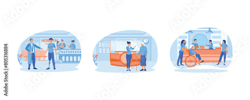 The doctor in the hospital lobby. A grandmother visits the hospital. Waiting at the reception desk. Hospital receptionist concept. Set flat vector illustration.