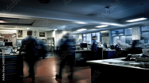 bustling blurred police station interior