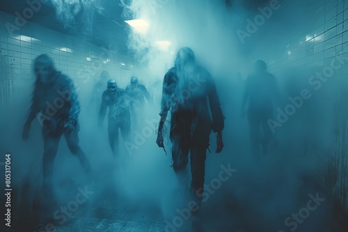 An atmospheric shot of zombies walking through fog in a dimly lit  eerie setting  evoking a sense of dread