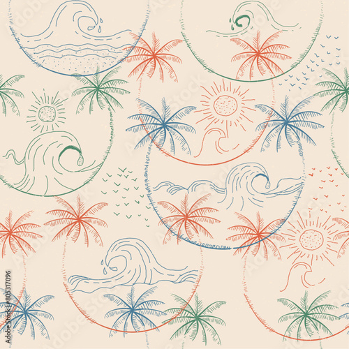 Hand Drawn Palm tree patterns inside waves  sun  birds  summer textile new tropical patterns  sunset  Elegant seamless pattern with green hand drawn line tropical leaves and flowers. 