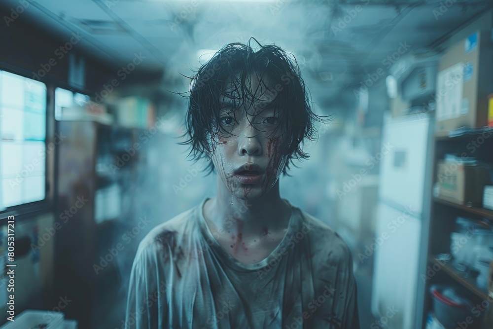 Fototapeta premium A disheveled young man appears amidst smoke in a chaotic office, showing stress or crisis