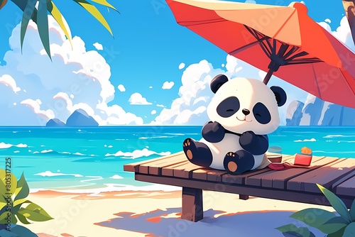 cartoon panda sitting on a beach pier