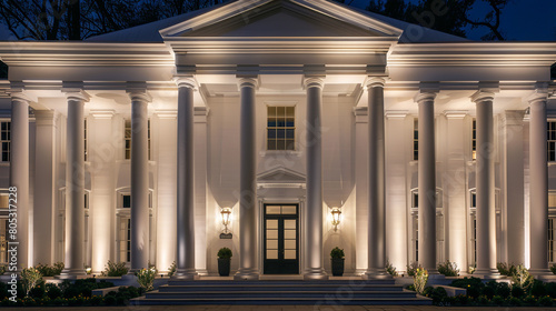 The facade of a white Greek Revival house at night, illuminated by sconces that highlight the iconic columns and portico, the entablature above, photo