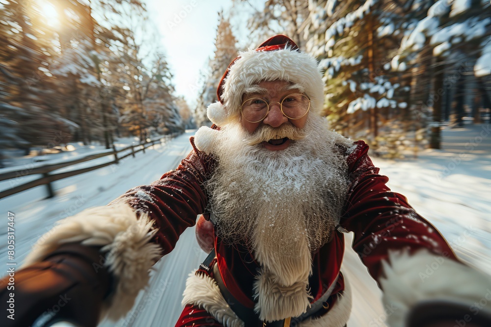 Fototapeta premium Vivid imagery of Santa Claus on a motorcycle journey through a snow-capped winter forest, full of movement