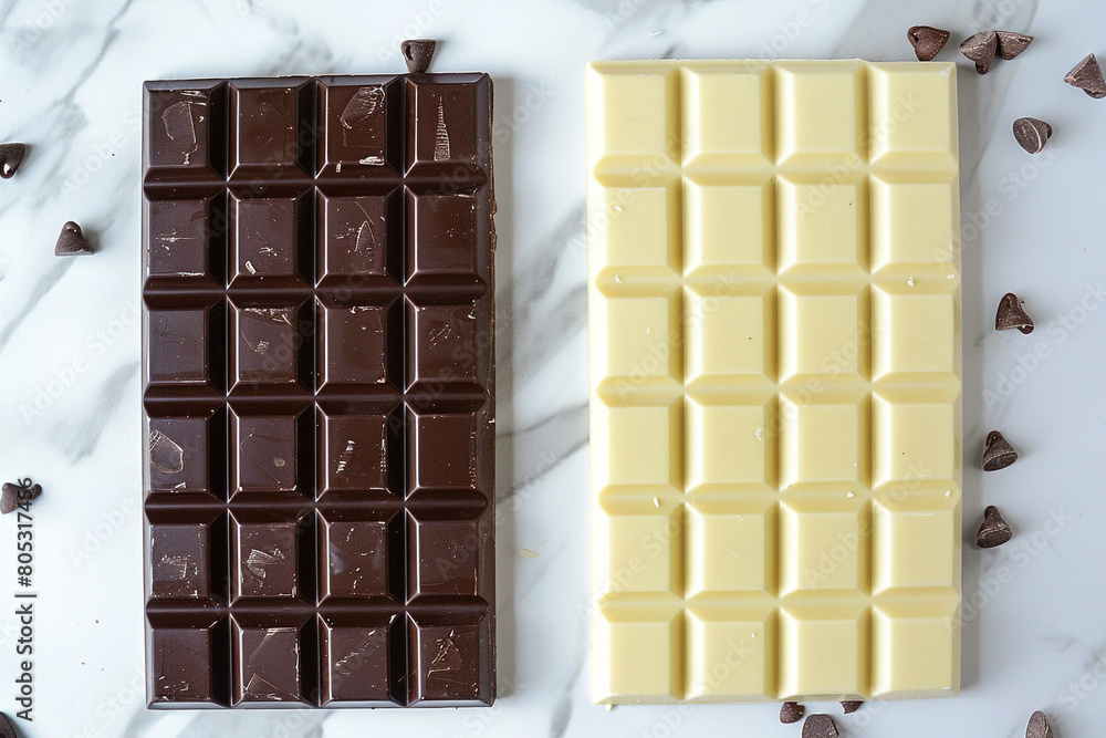 White and dark chocolate bars side by side contrast in flavors White and dark chocolate bars side by side contrast in flavors