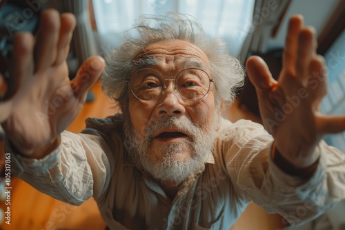 A whimsically captured elderly man reaching out to the camera from a quirky angle photo
