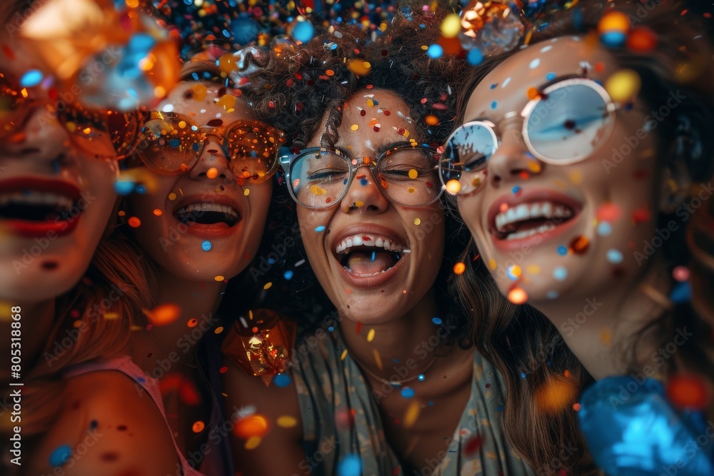 Four joyous young women with sunglasses covered in colorful confetti celebrating and laughing together Four joyous young women with sunglasses covered in colorful confetti celebrating and laughing together