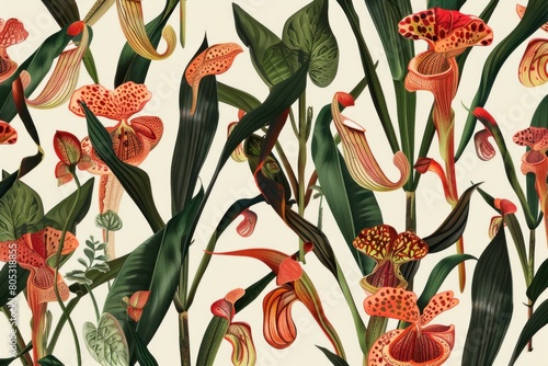 Beautiful fabric design featuring a pattern of Sarracenia pitcher plants in a striking color palette photo