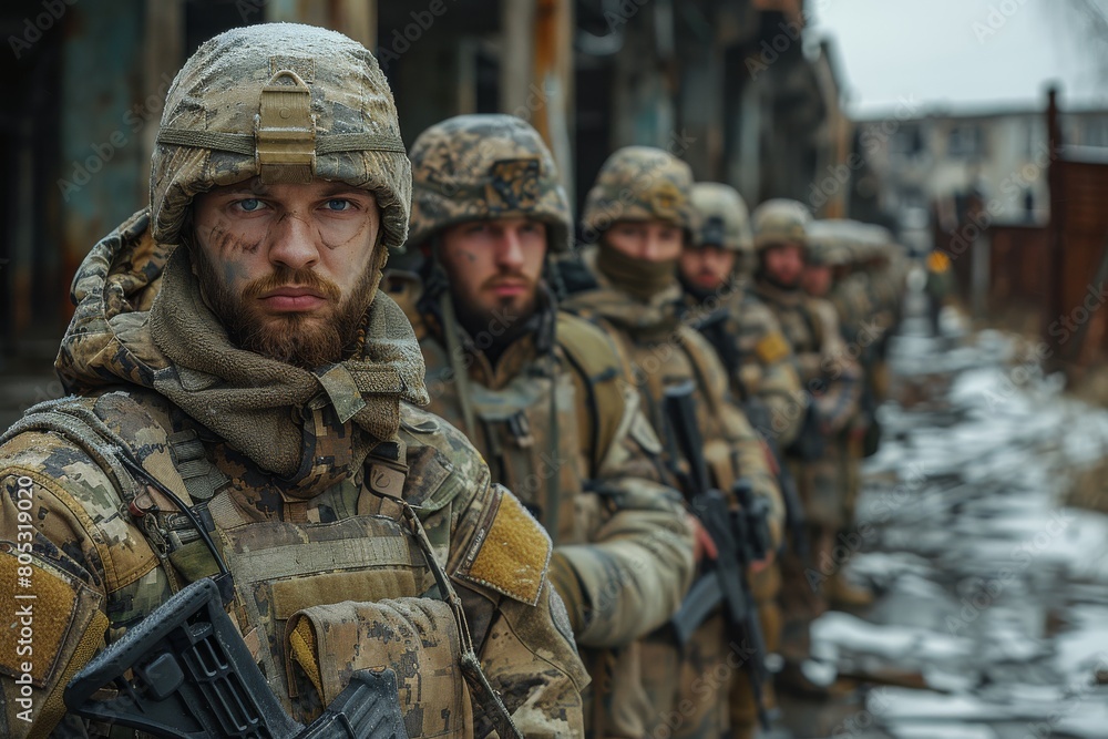 Obraz premium Soldier with serious expression and battle gear looking ahead with his squad lined up behind him