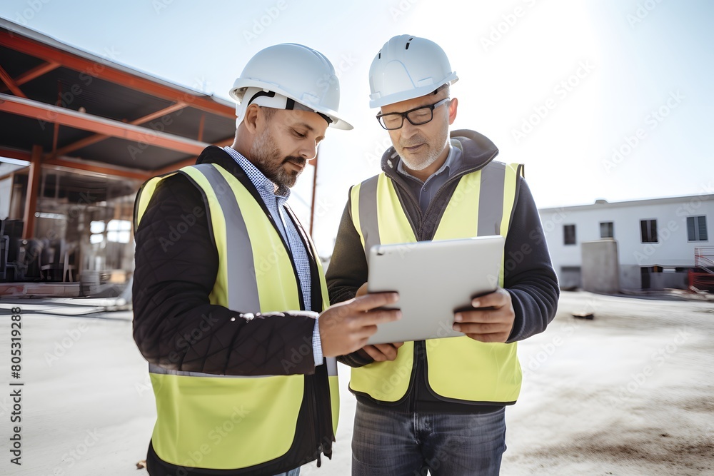 Two engineers use tablets for discussions and work on construction sites. Two engineers use tablets for discussions and work on construction sites.