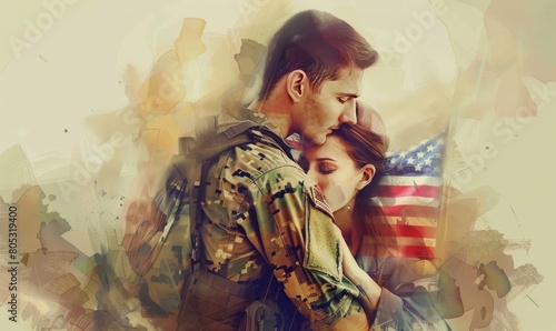 Military Spouse Appreciation Day concept. USA holiday background. Soldier hugging his wife on background with flag of United States of America.