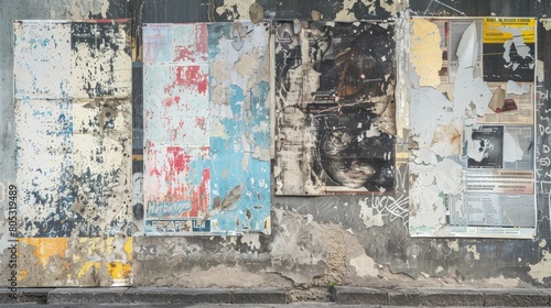 Street posters on urban wall with distressed texture and grunge background