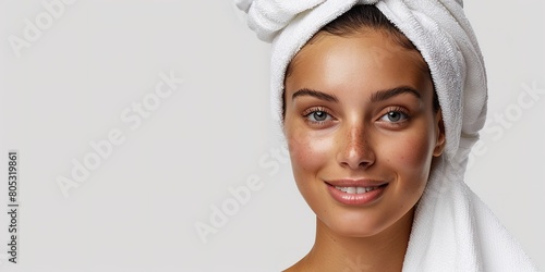 Smiling woman with glowing skin and towel on head, embodying bea photo