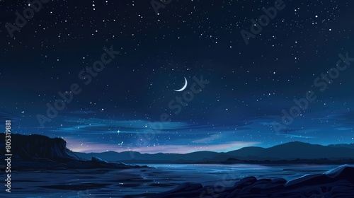 Beautiful night sky with moon and stars over dark landscape