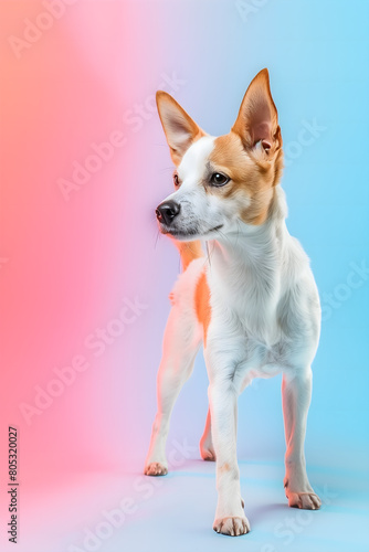 chihuahua dog, dog walking towards the right in front of a light colorful background © Nikalaus