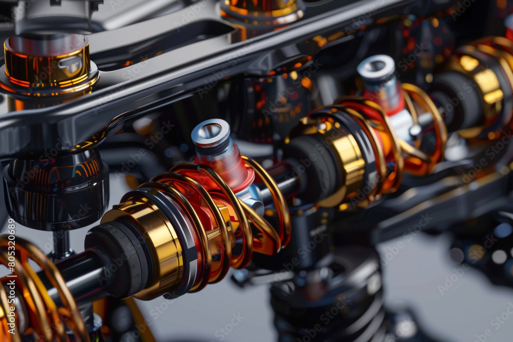 Zoomed-in image of an innovative shock absorber system on a performance vehicle, suspension details visible Zoomed-in image of an innovative shock absorber system on a performance vehicle, suspension details visible