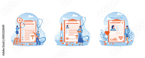 Man fills out medical history. The doctor checks the patient's health records. Doctors monitor the progress of the patient's health. Health Records concept. Set flat vector illustration.