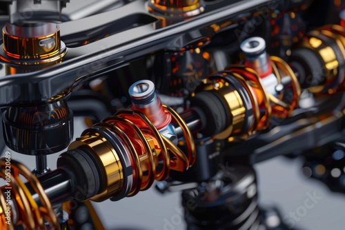 Zoomed-in image of an innovative shock absorber system on a performance vehicle, suspension details visible 