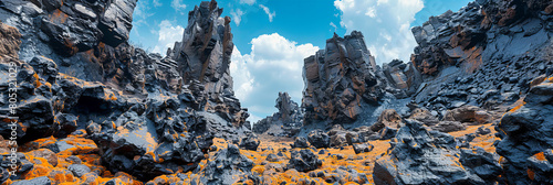 Rugged landscape dominated by volcanic rock formations, contrasting with a serene lake under a clear blue sky