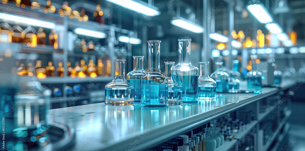 Fantasy Art of Laboratory glassware with chemical liquid in scientific laboratory. Generative AI. Fantasy Art of Laboratory glassware with chemical liquid in scientific laboratory. Generative AI.