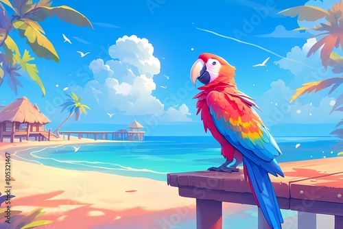 cartoon parrot sitting on a beach pier