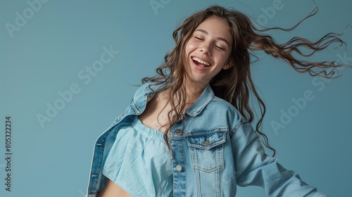 Positive Energy in a Stylish Studio Portrait. Studio fashion photography with a focus on denim clothing.